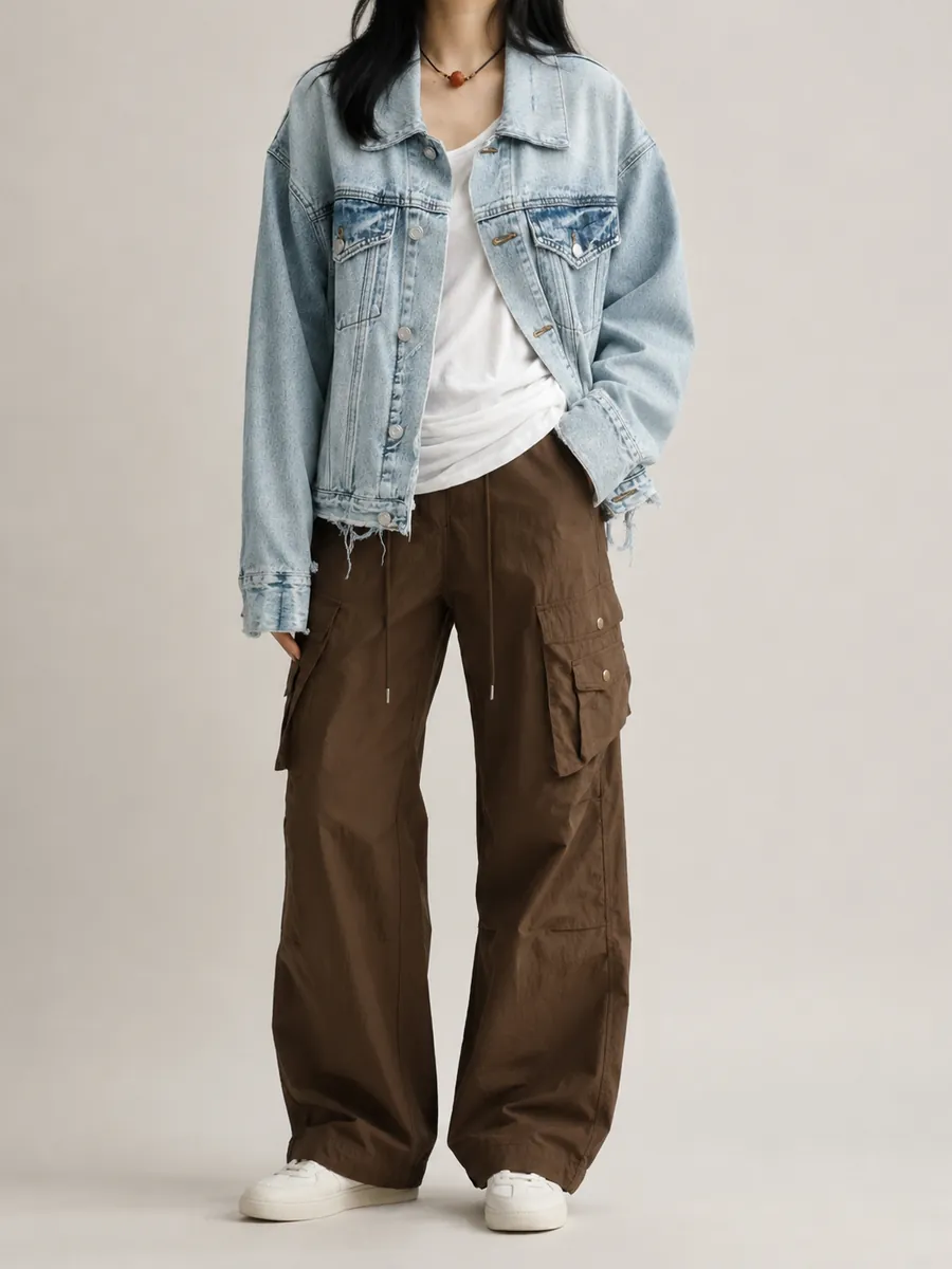 Light washed denim jacket with a frayed hem over brown cargo trousers
