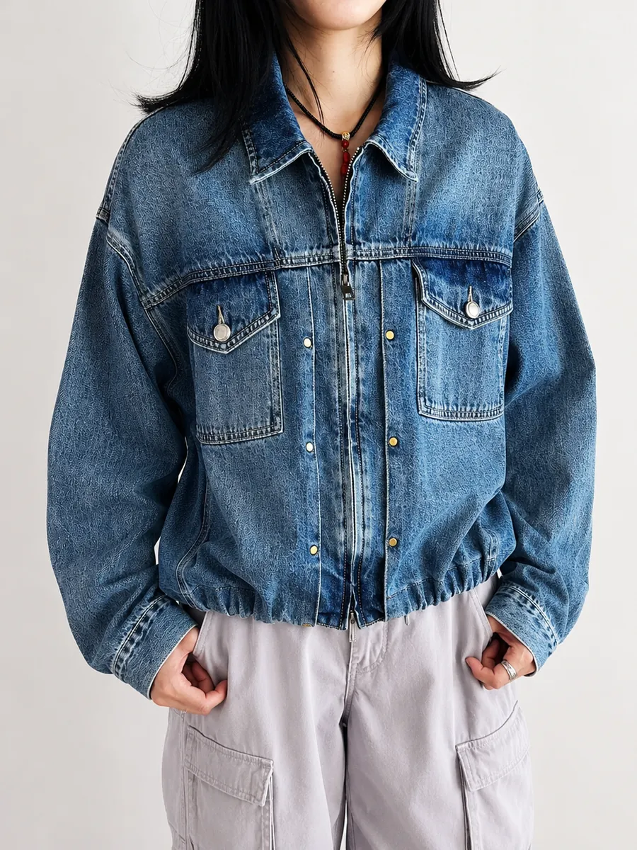 Indigo zip denim jacket with drawstring hem