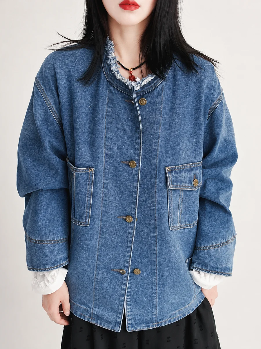 Round-neck denim overshirt with flap pockets and a lace-trimmed collar