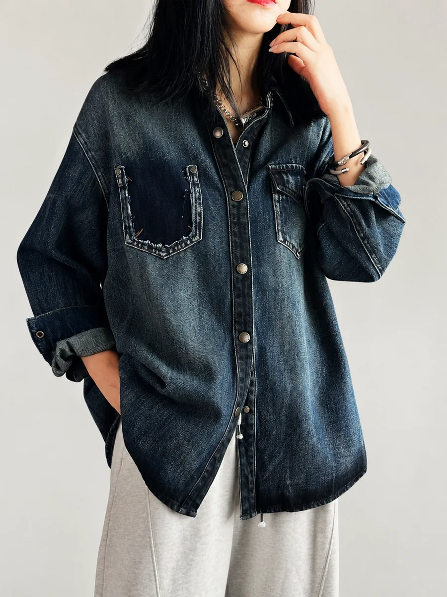 Deep indigo washed denim shirt with a patched chest pocket