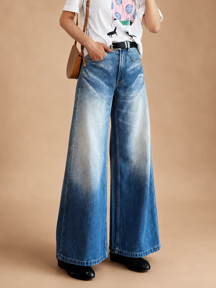 Floor-length wide-leg jeans with a bleached gradient hem